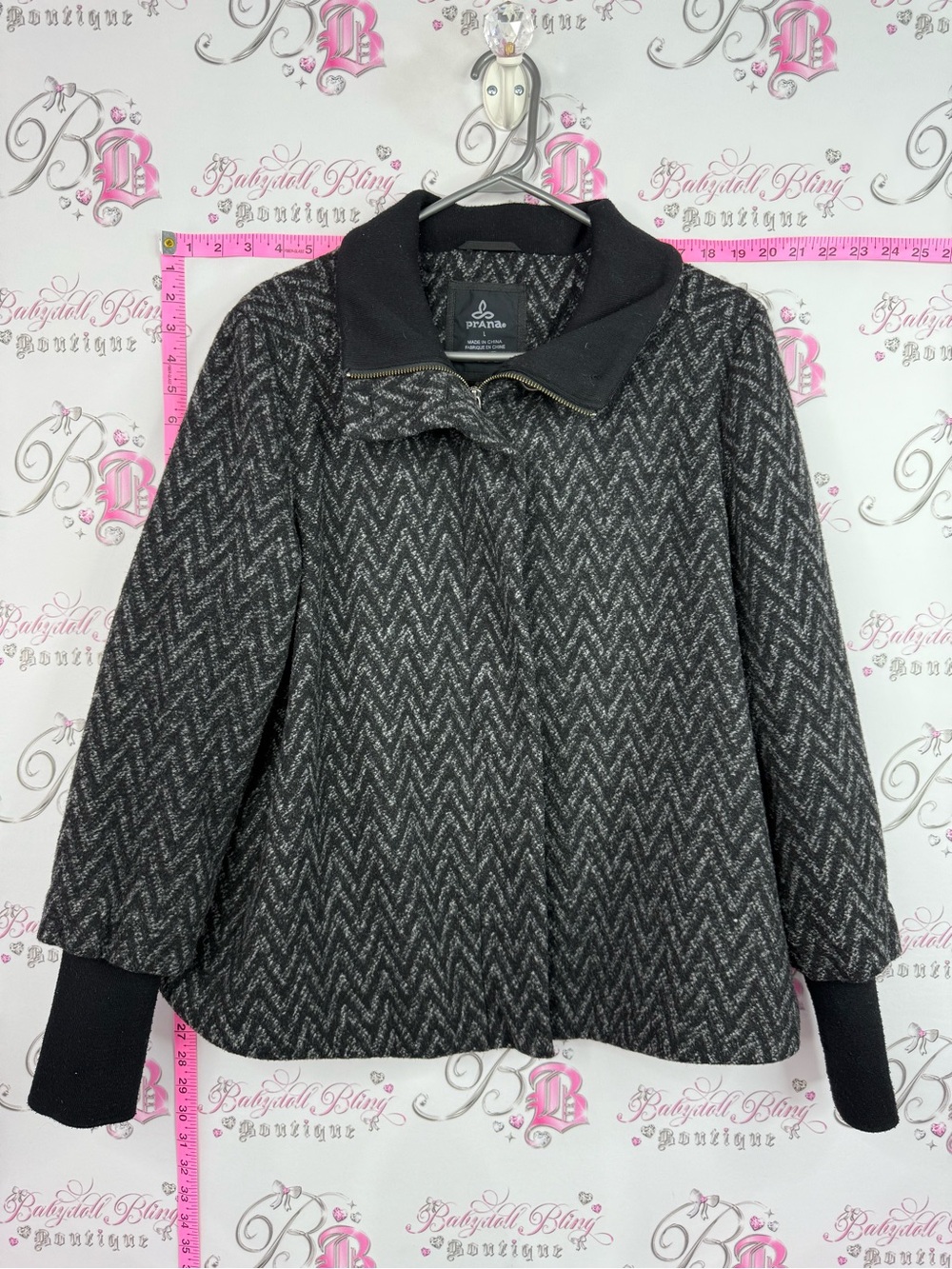 Prana coat jacket zip up chevron grey black warm Charcoal Chevron Pea Coat